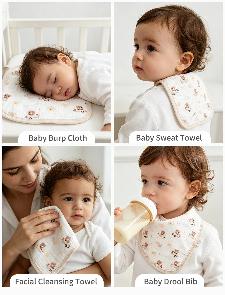 A set of five soft cotton muslin baby washcloths shown in various uses including burping, drying, and facial cleansing.