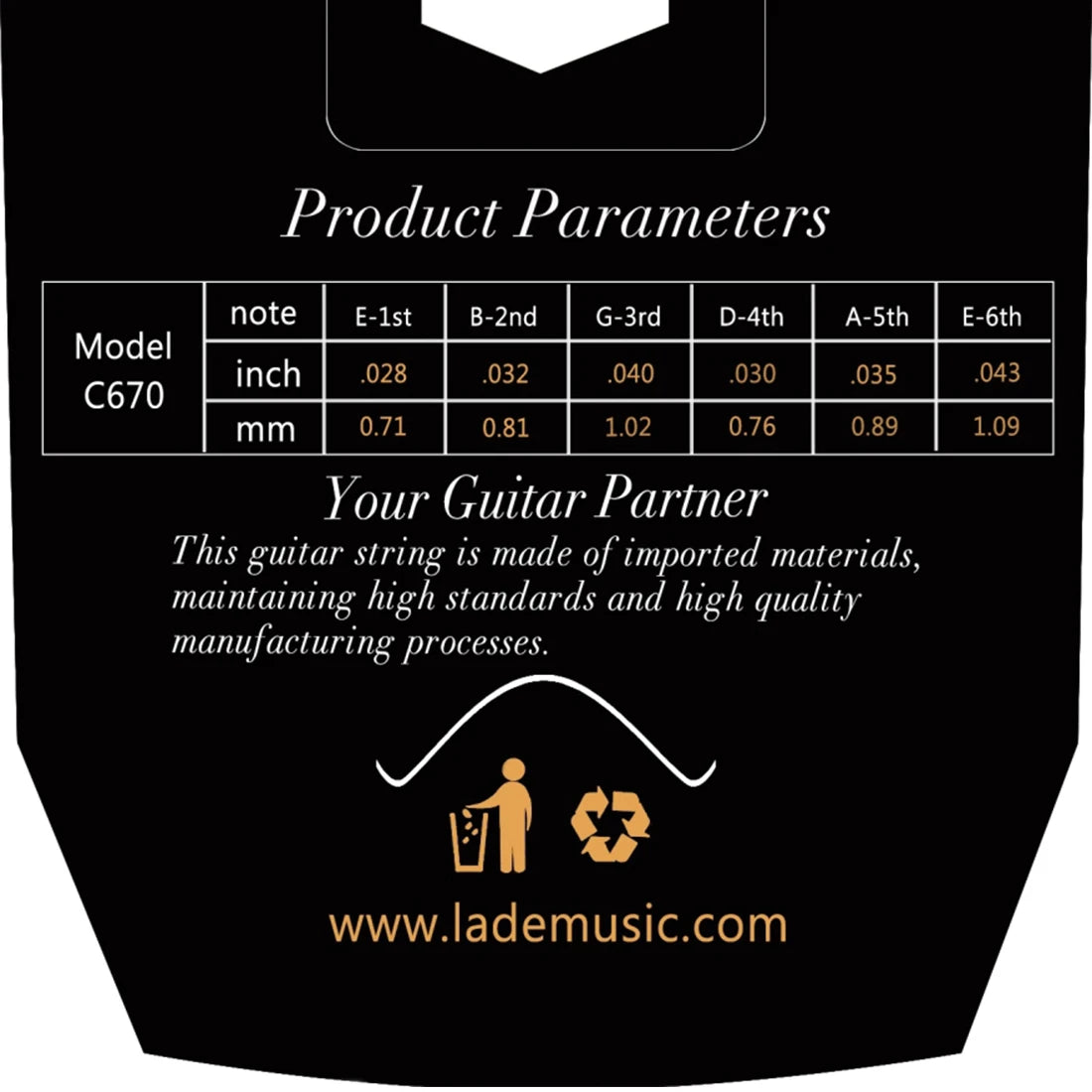 Product parameters table showing various gauges of guitar strings with corresponding inch and mm measurements.