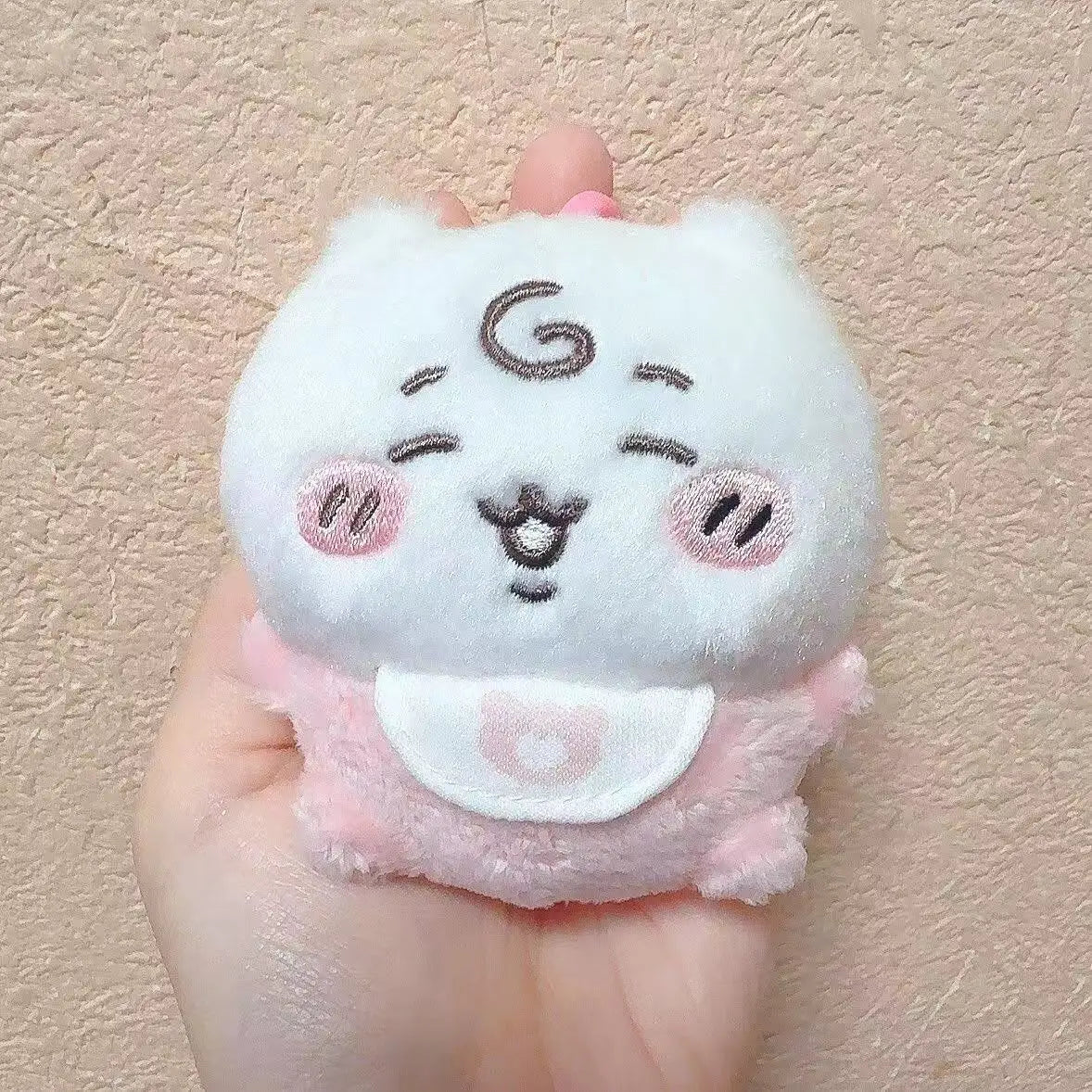 A cute white plush keychain set featuring three characters: Usagi, Hachiware, and JiYi.