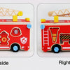 A wooden pretend play tool set featuring a red vehicle with tools and building pieces shown from the left and right sides.