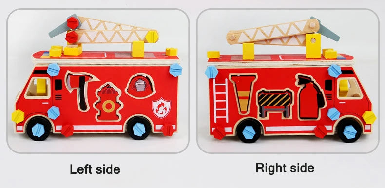 A wooden pretend play tool set featuring a red vehicle with tools and building pieces shown from the left and right sides.