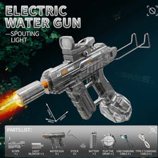 A silver electric water gun is shown firing a stream of water, with various parts listed below the product.