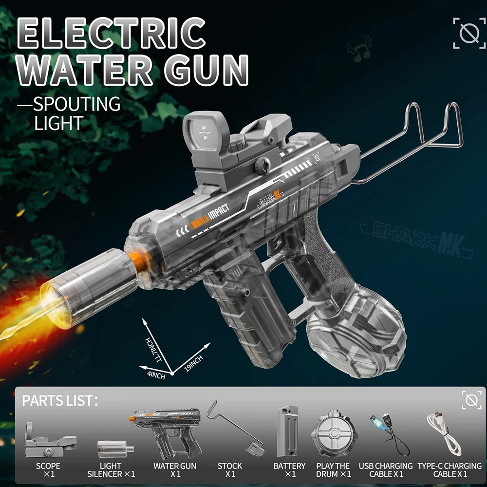 A silver electric water gun is shown firing a stream of water, with various parts listed below the product.