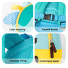 Close-up view of a teal and yellow 3D animal kids backpack showing color matching, flexible buckle, exquisite wiring, and a c