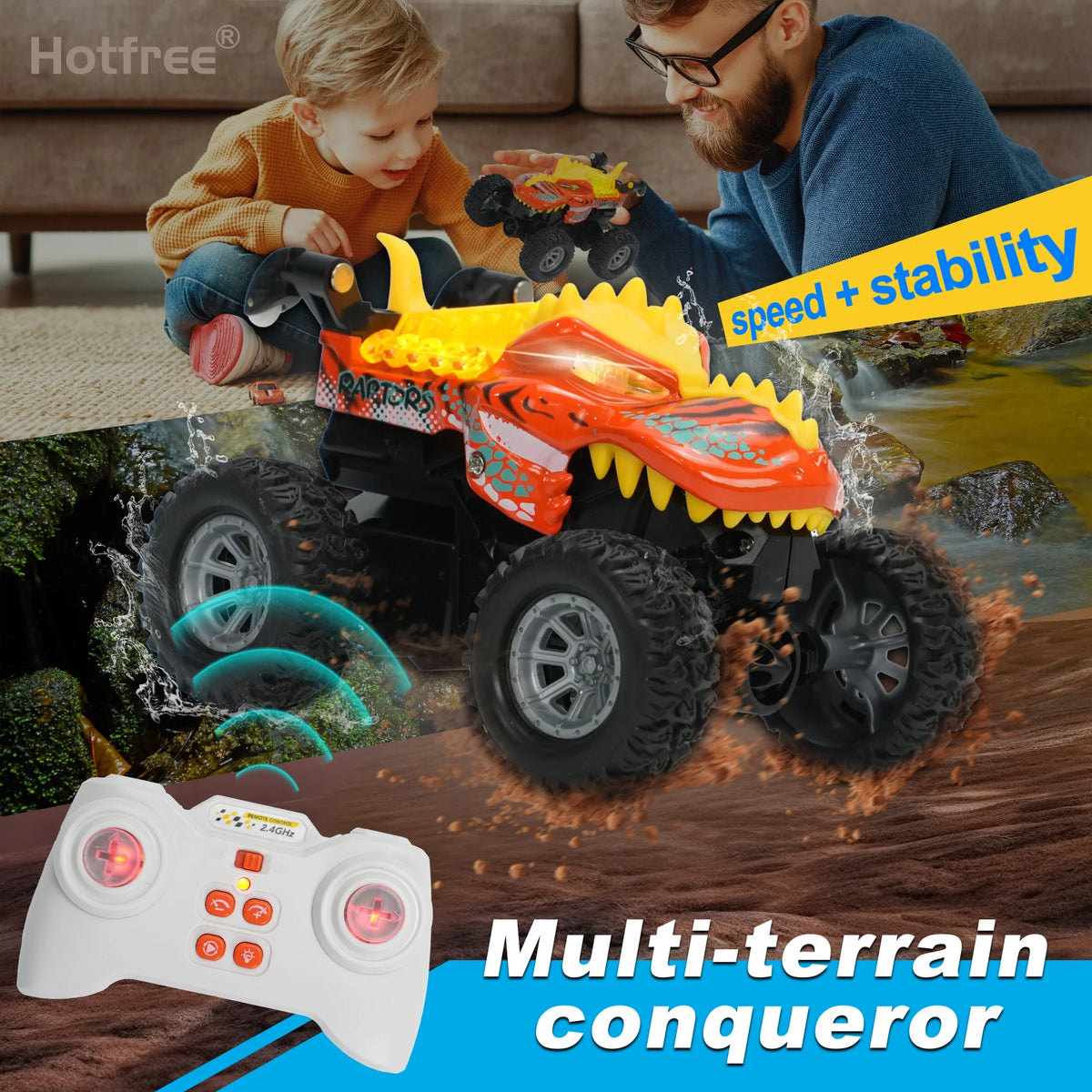 Mini RC Stunt Car with Dinosaur & Shark Designs, LED Lights, and Dual Speed