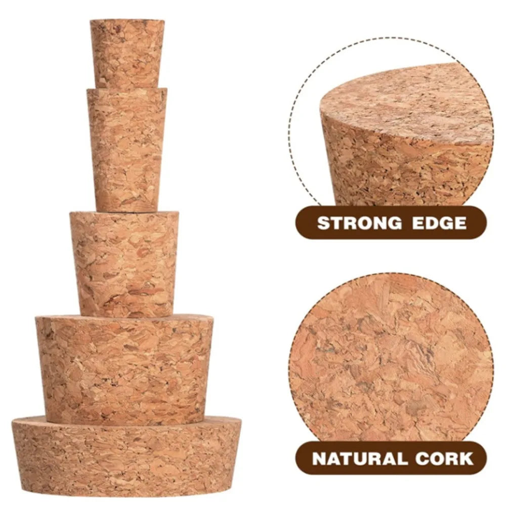 A set of four natural cork tapered bottle and test tube stoppers made from wood.