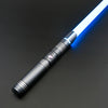 A premium metal lightsaber with a glowing blue blade and silver hilt is shown against a dark background.