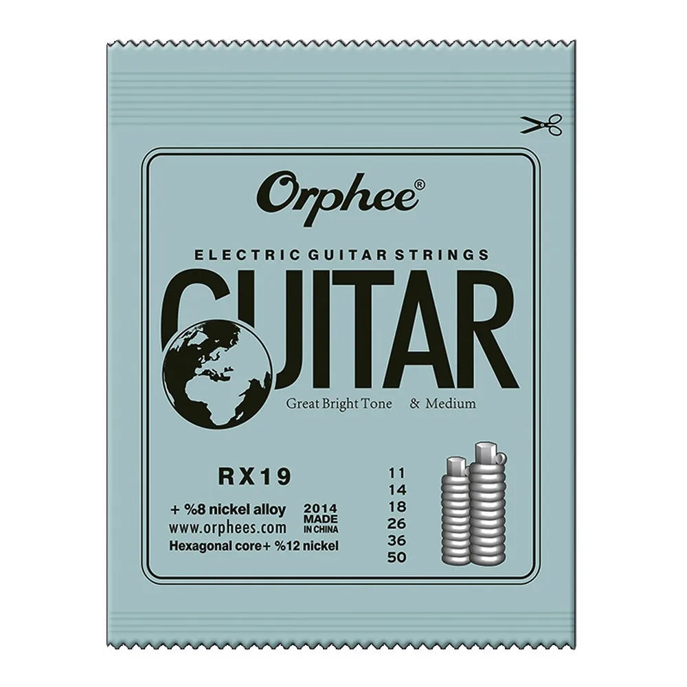 Packaging for Orphee RX19 electric guitar strings, featuring details on material and gauge.