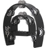 Black double-layer tambourine for kids with silver jingles and a handle.