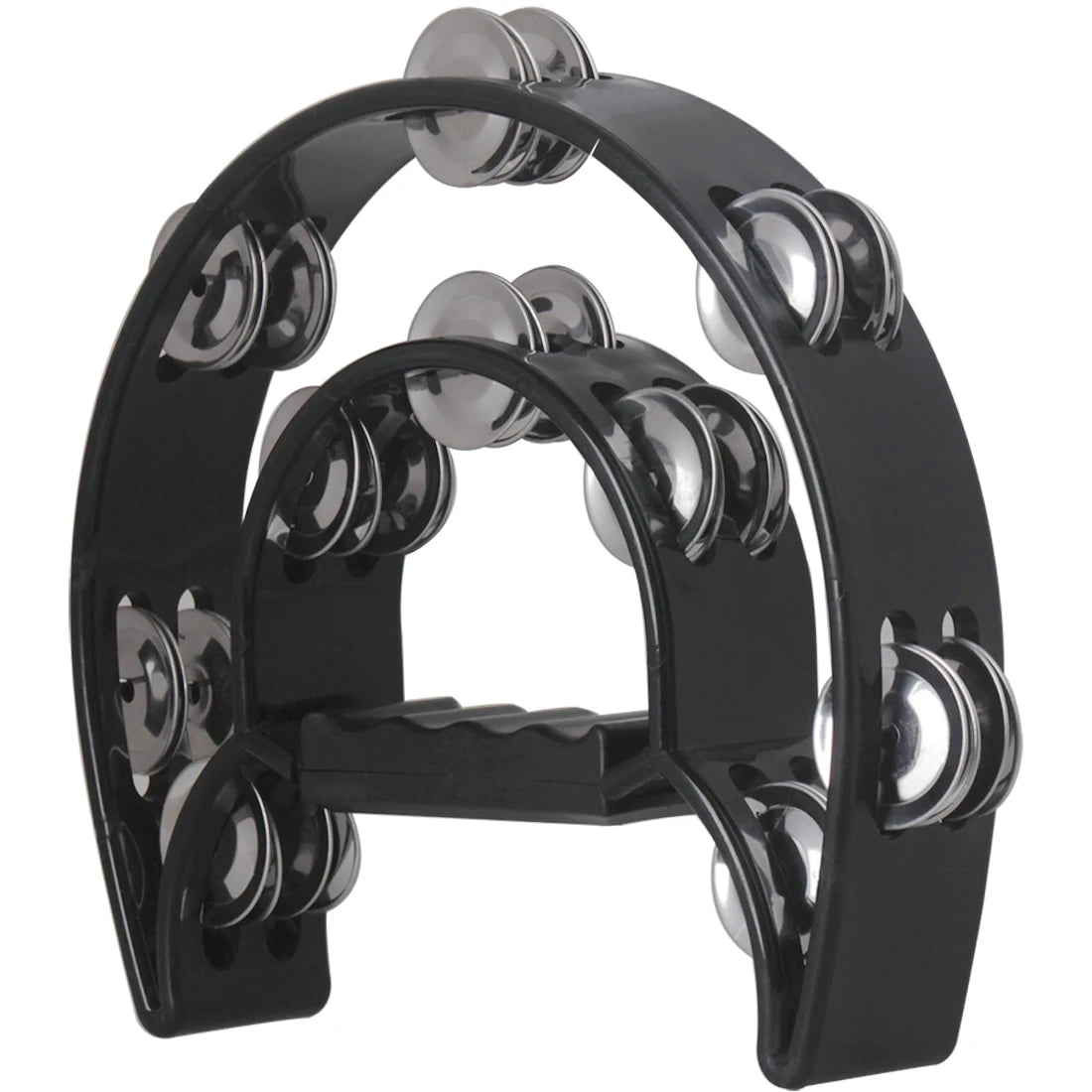 Black double-layer tambourine for kids with silver jingles and a handle.