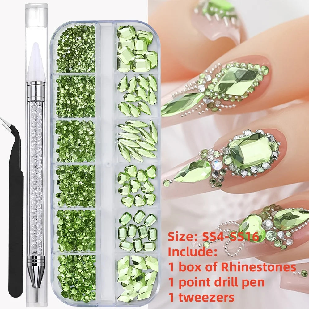 A clear kit for nail art featuring green glass gems, rhinestones, and precision tools like a drill pen and tweezers.