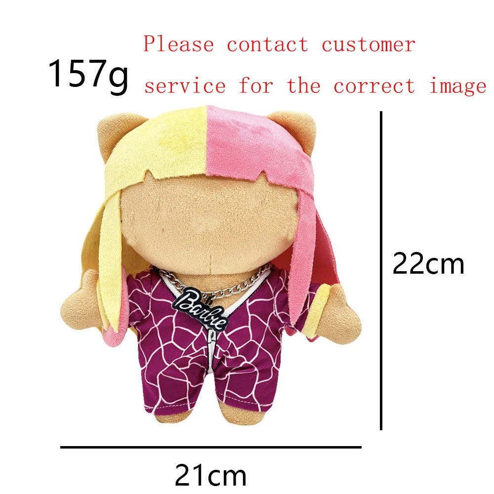 A plush doll with blonde and pink hair wearing a purple patterned shirt.