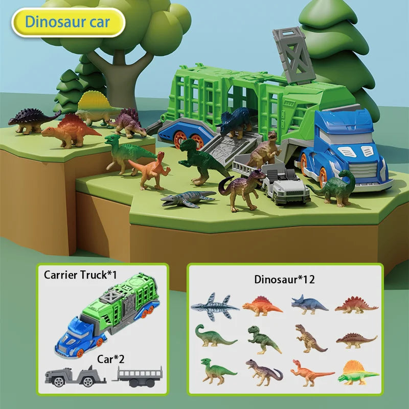 Dinosaur Transport Truck Playset with 12 Figures and 2 Mini Cars