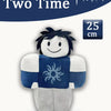 A soft plush toy resembling a character from a horror game, featuring dark hair and a blue shirt with a sun design.