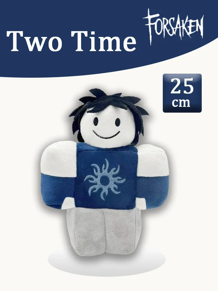 A soft plush toy resembling a character from a horror game, featuring dark hair and a blue shirt with a sun design.