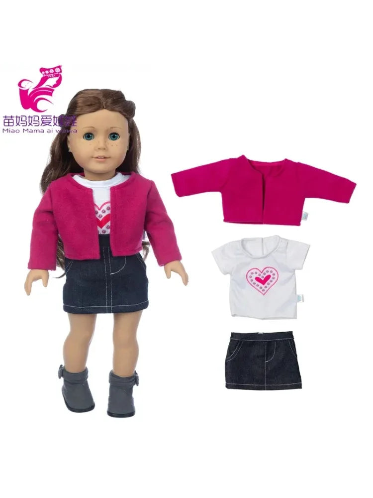 A doll wearing a pink jacket and white shirt outfit set with a matching skirt and tights.