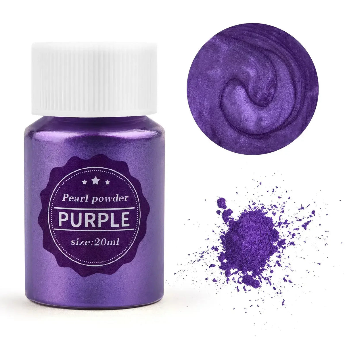 A purple glass jar of pearl powder and a circular swatch of purple pigment.