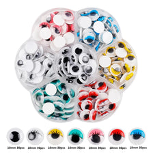 A collection of self-adhesive googly eyes in various colors and styles, including black, white, blue, yellow, and red.