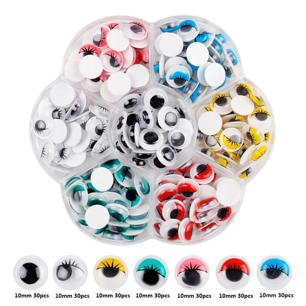 A collection of self-adhesive googly eyes in various colors and styles, including black, white, blue, yellow, and red.