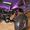 Close-up of a purple INJORA RC crawler featuring heavy-duty shock absorbers and a large tire.