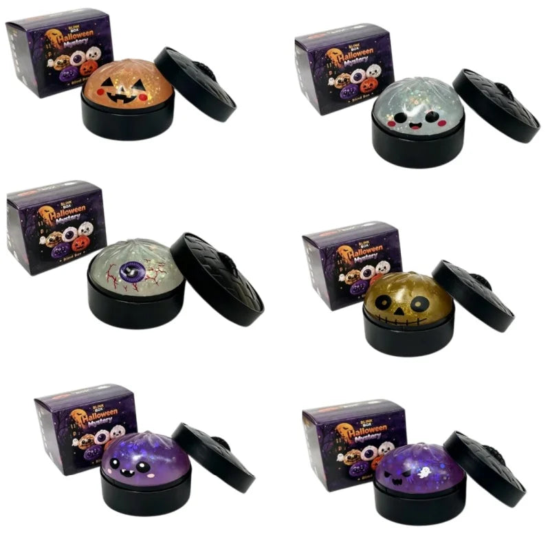 A collection of Halloween-themed squishy stress relief toys in various colors and shapes.