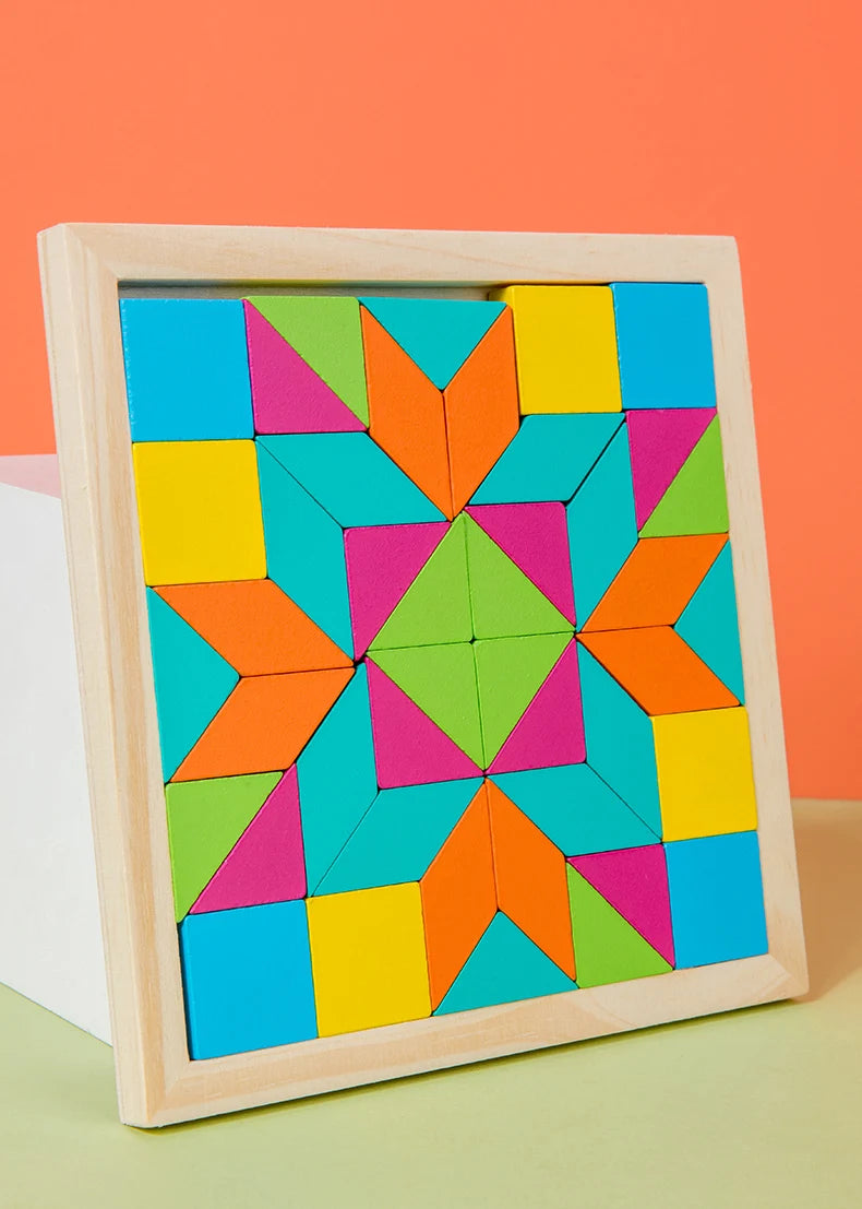 A wooden geometric shape puzzle with colorful triangular and square pieces inside a light wood frame.
