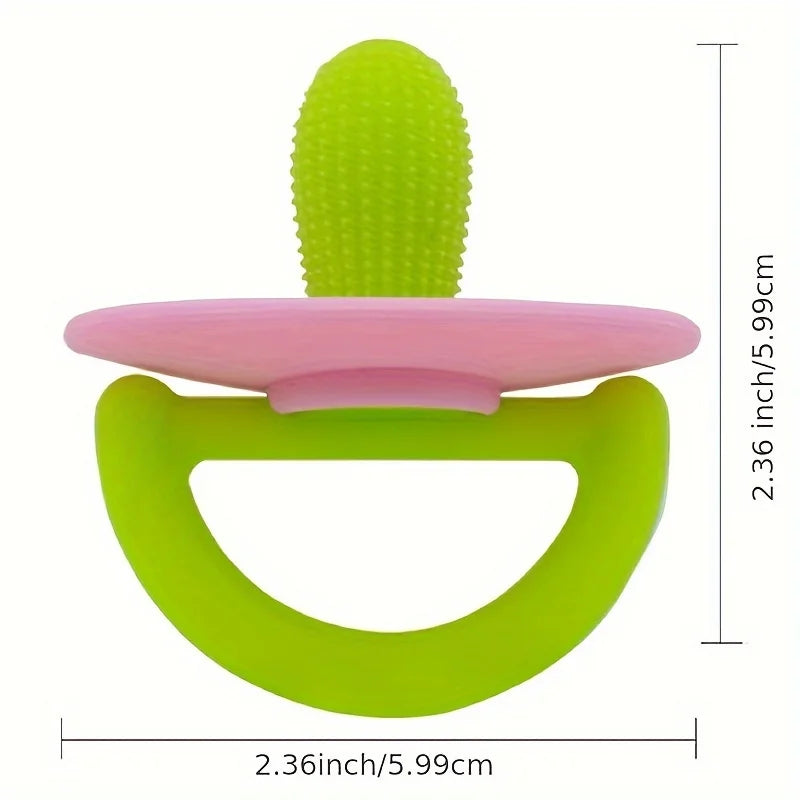 A silicone teething ring and pacifier tool with a bright lime green silicone top and pink accents.