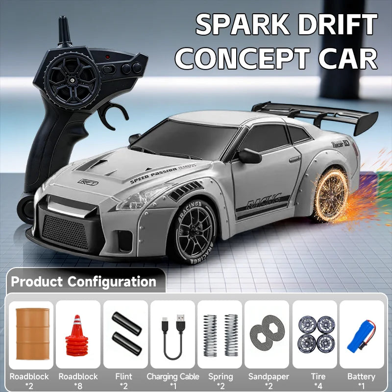 A silver RC drift concept car is shown next to its black remote control and various configuration parts.