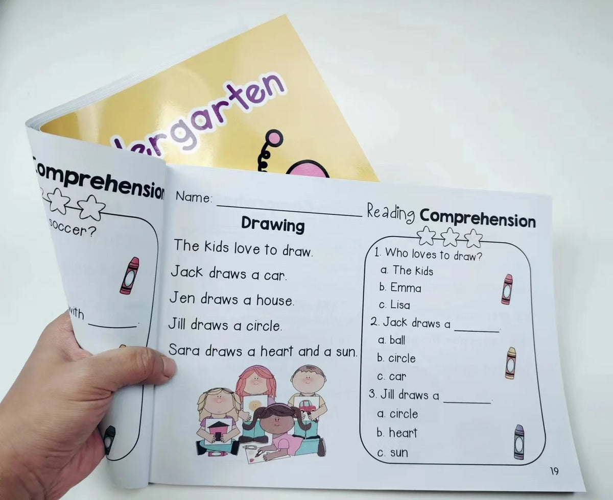 A hand holds an interactive English reading comprehension book showing drawings and questions for children.