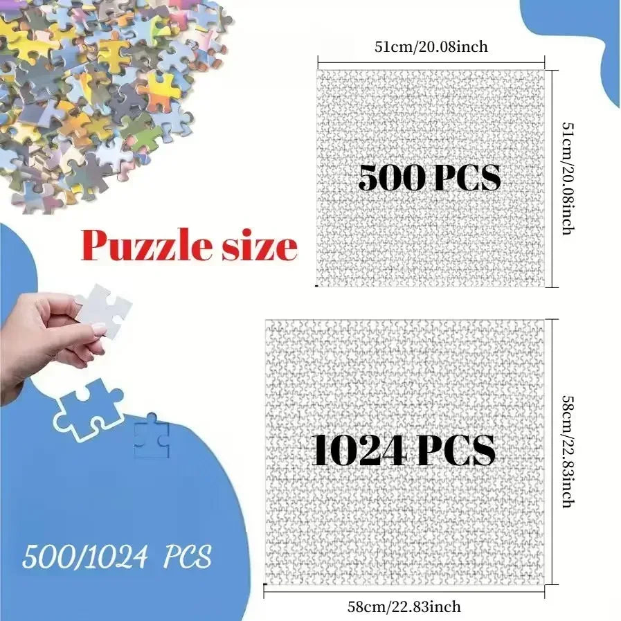 A collection of jigsaw puzzles showing different piece counts, including 500 pieces and 1024 pieces.