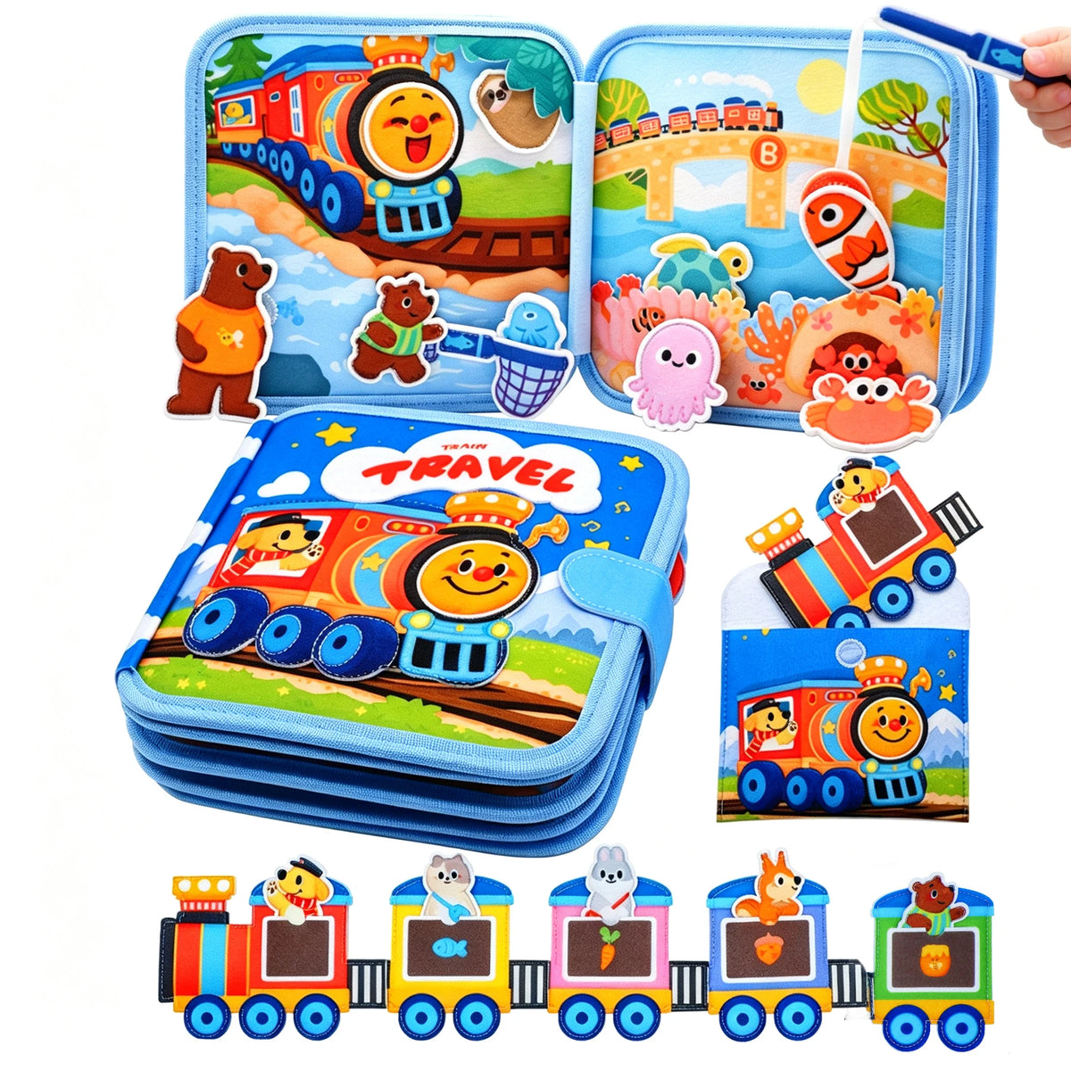 A set of felt busy books for toddlers featuring various train and animal themes.