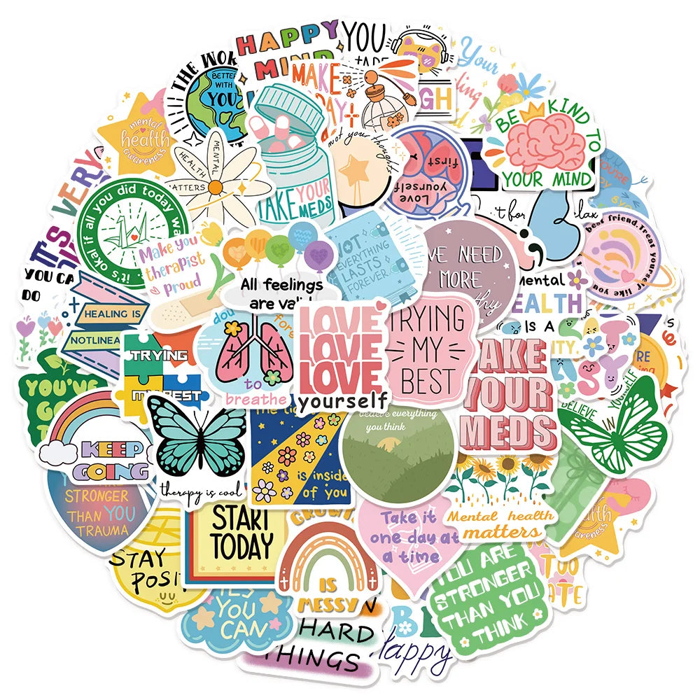 A colorful circular sticker pack featuring various positive mental health affirmations and phrases like I love you take your 