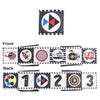 A set of sensory cloth books featuring various numbers and symbols like a triangle, a fish, and a train.