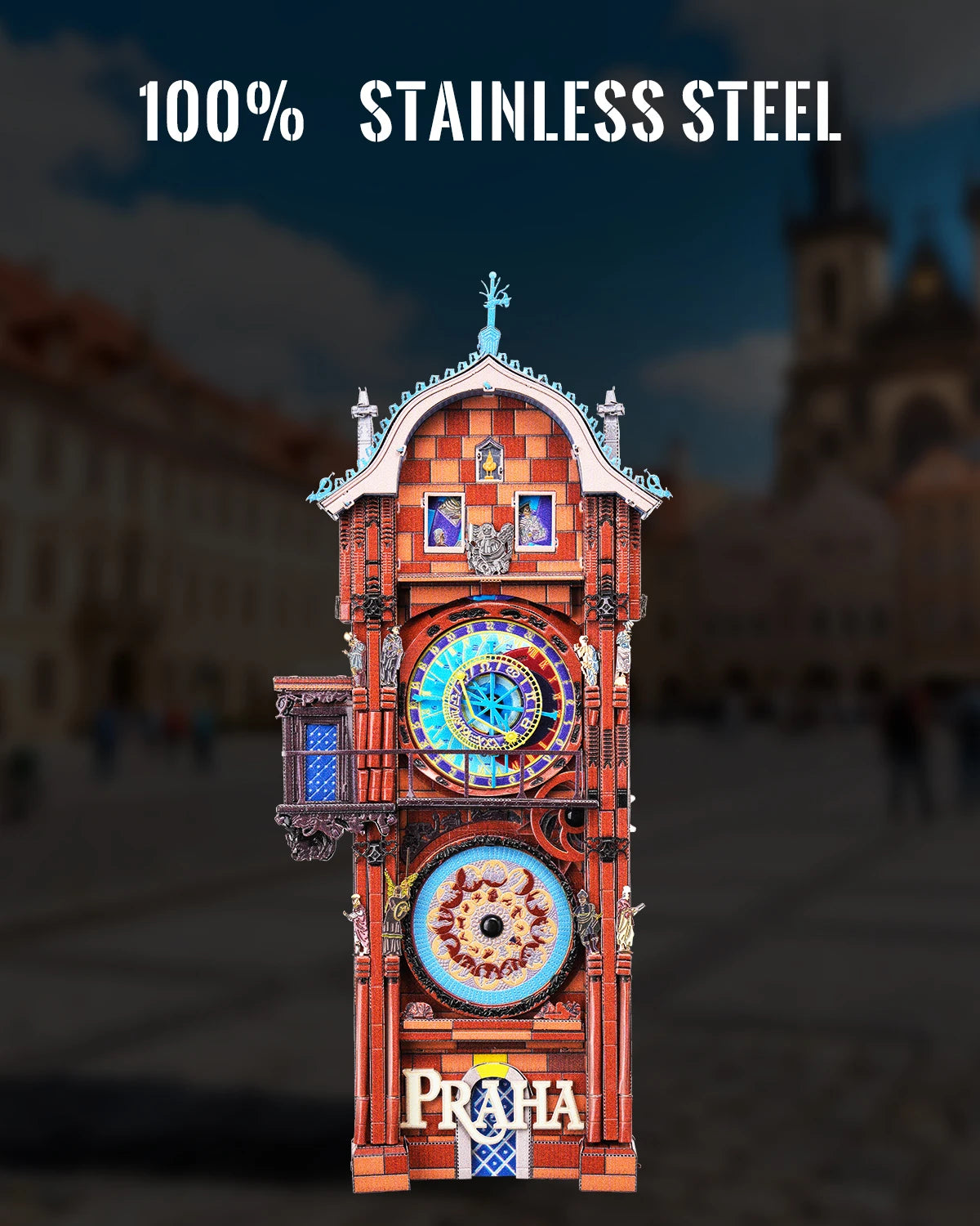 A detailed 3D model of a historical clock tower, made from stainless steel, featuring an intricate astronomical dial.