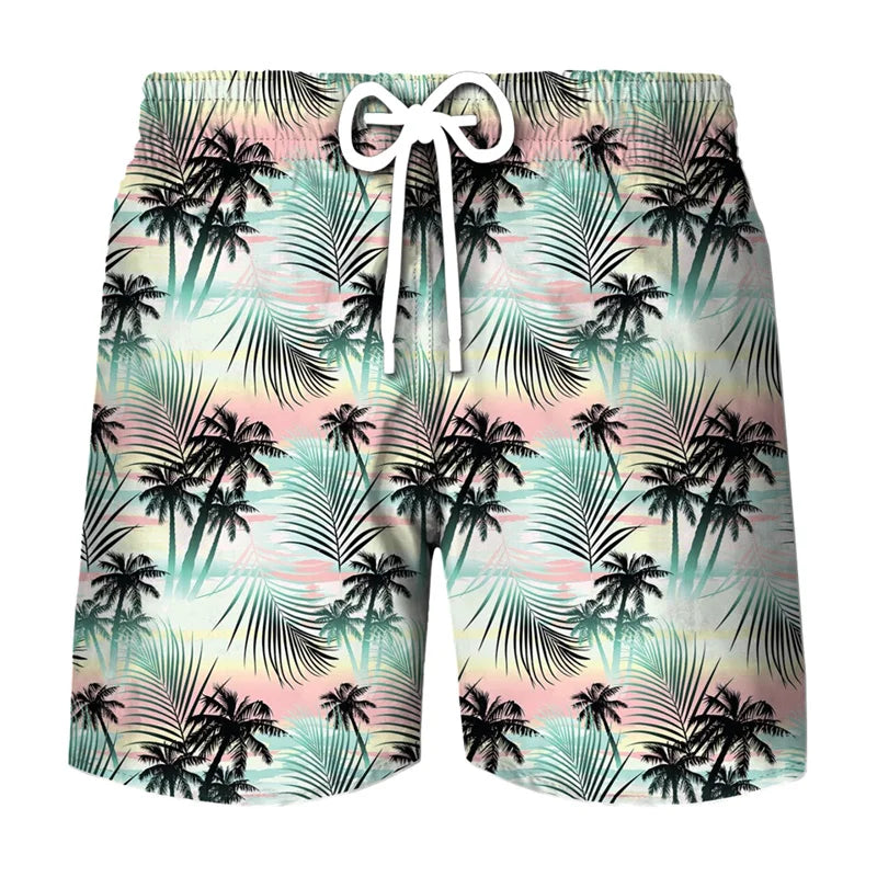 Men's beach swim shorts with a tropical coconut tree print featuring pink and teal palm fronds.