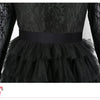 Black lace long-sleeved dress with a ruffled skirt and a black sash for a kids' witch costume.