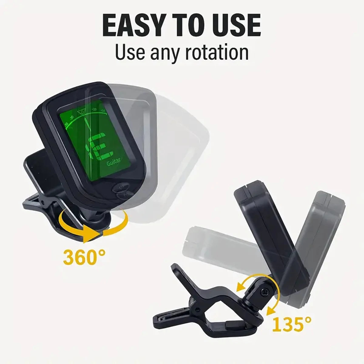 A clip-on digital tuner is shown demonstrating 360 and 135 degree rotation for use with a guitar.