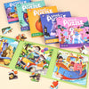 A collection of Level Up Puzzle sets featuring various colorful images and characters for children.
