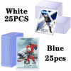 A collection of white and blue PVC trading card sleeves, including a top loader design.