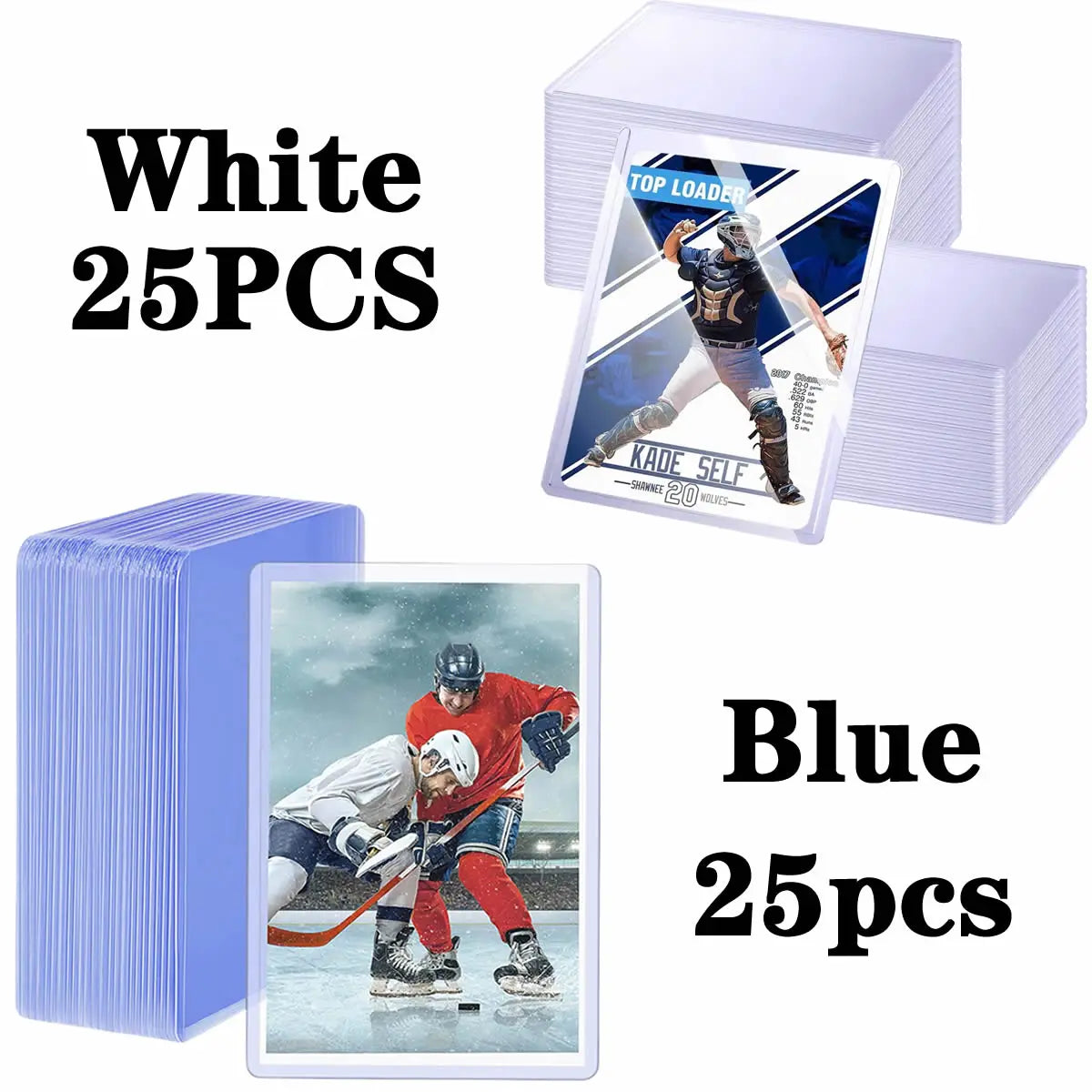A collection of white and blue PVC trading card sleeves, including a top loader design.
