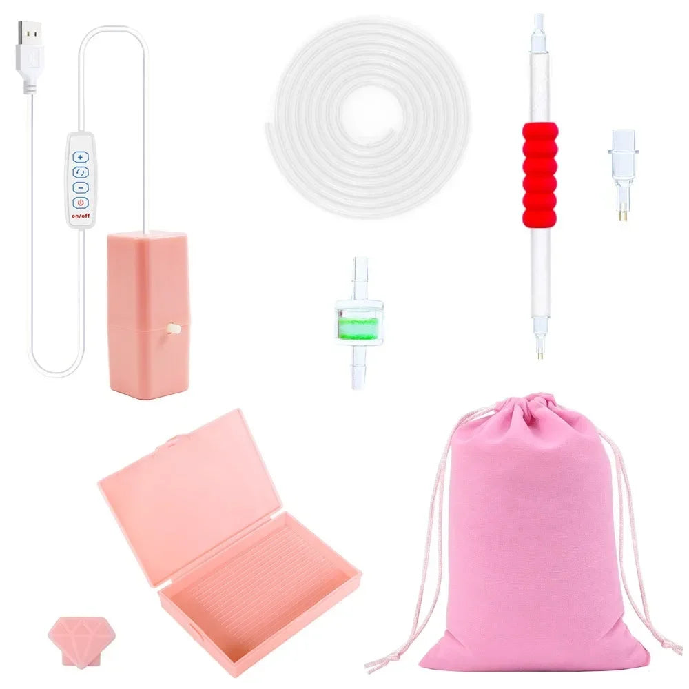 A kit for electric diamond painting featuring a pen, suction tool, and pink storage pouch.