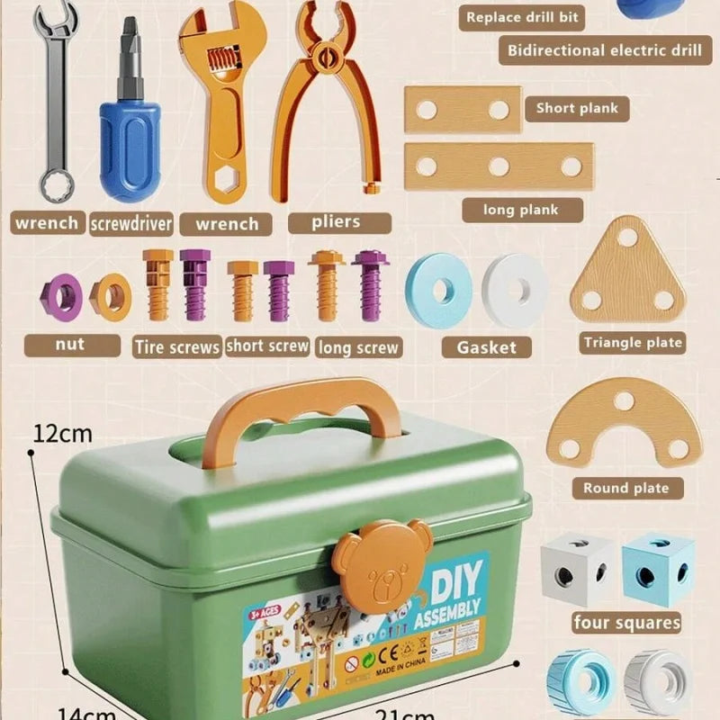 Kids Wooden Construction Tool Set with Electric Drill - 126 Pieces