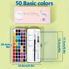 A pink box containing 50 basic watercolor colors and brushes, displayed next to the set components.