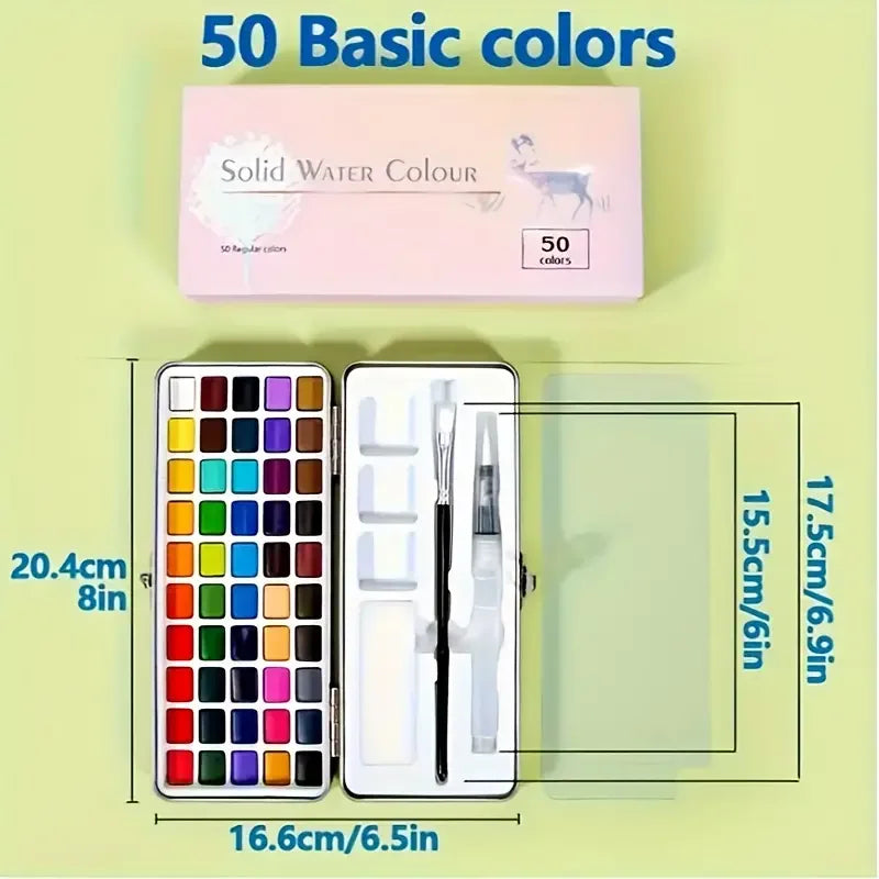 A pink box containing 50 basic watercolor colors and brushes, displayed next to the set components.