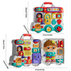 A white Montessori busy board for toddlers featuring various activities like a telephone and motor skills components.