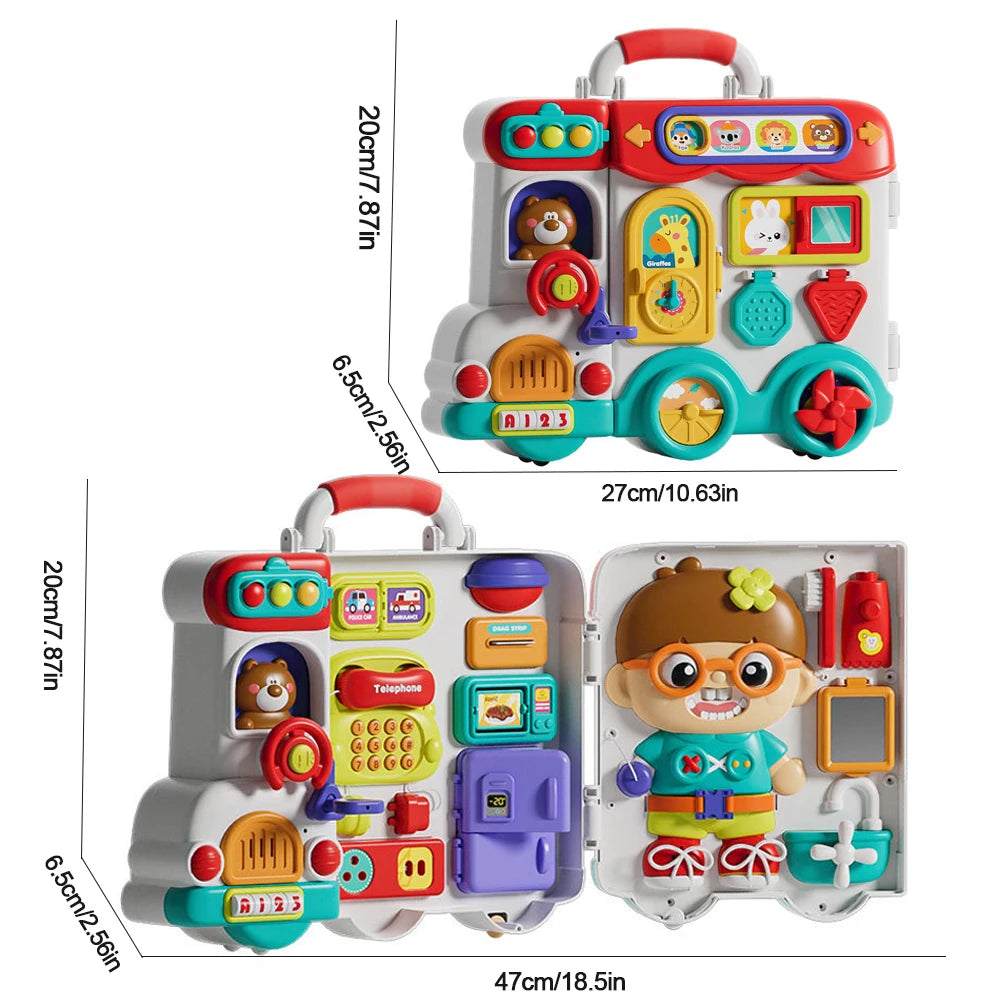 A white Montessori busy board for toddlers featuring various activities like a telephone and motor skills components.
