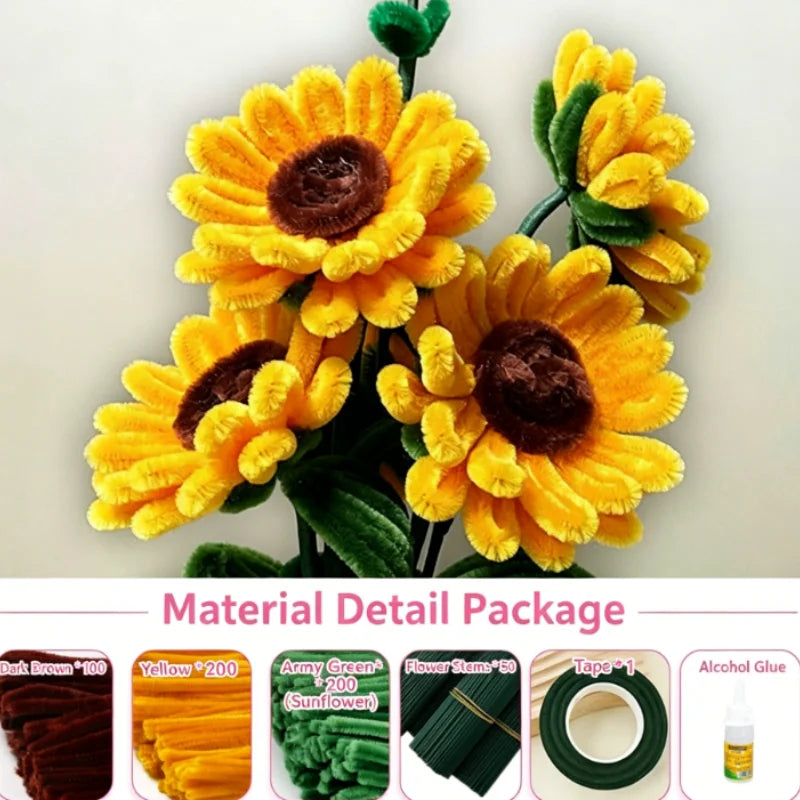 Material detail package showing yellow and green pipe cleaners for crafting a flower bouquet