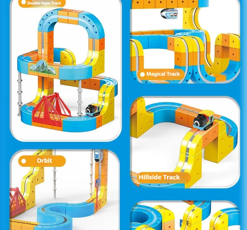 A collection of colorful magnetic anti-gravity train building sets featuring various tracks like Double-layer, Magical, and H