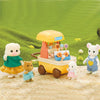 A miniature dollhouse furniture set featuring a yellow cart with a stall for various playset items in a grassy outdoor settin