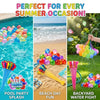 A collection of colorful water balloons and a water gun are shown for summer outdoor fun.
